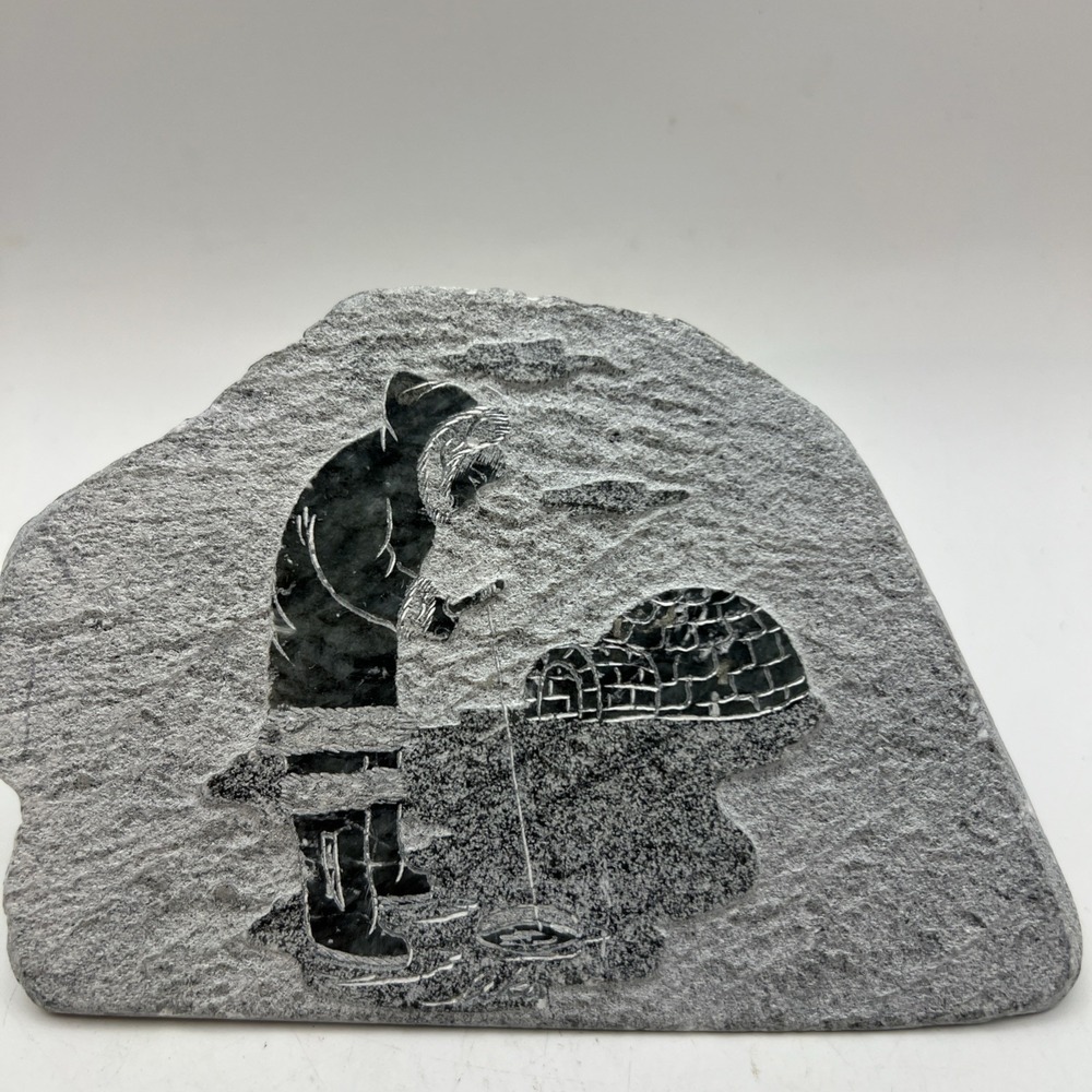 VTG Siku Canadian Soapstone Carving Inuit Ice Fisherman Igloo Plaque Original